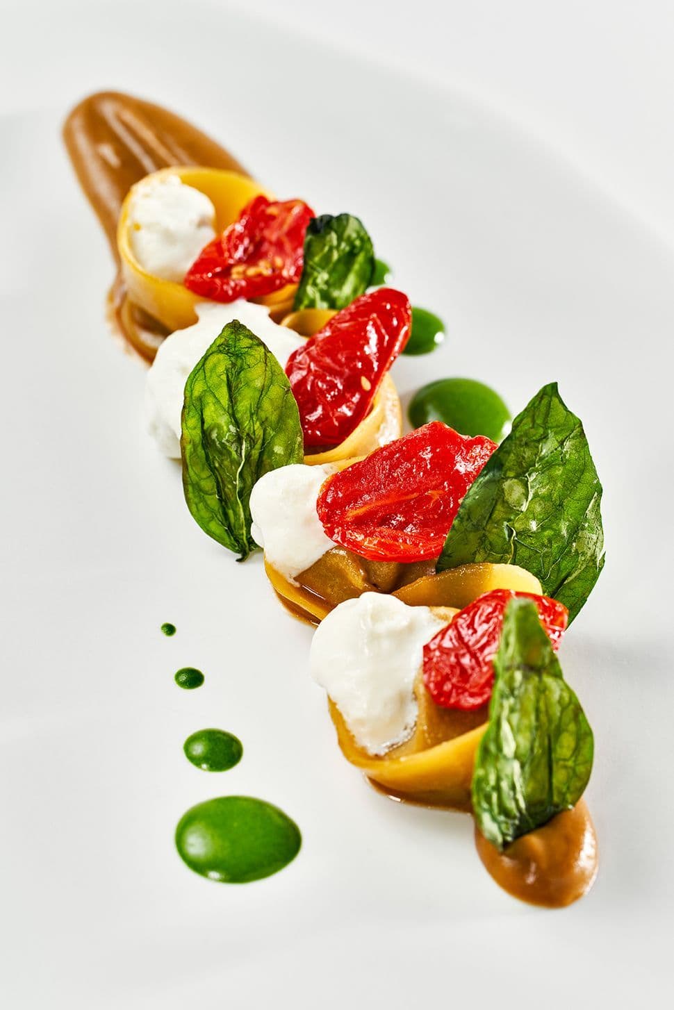 Tortelli di parmigiana di melanzane, pomodori canditi, salsa al basilico, spuma di Parmigiano Reggiano 