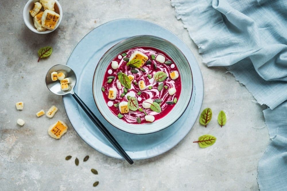 Red beet cream, yoghurt sauce and puffed Parmigiano Reggiano rind